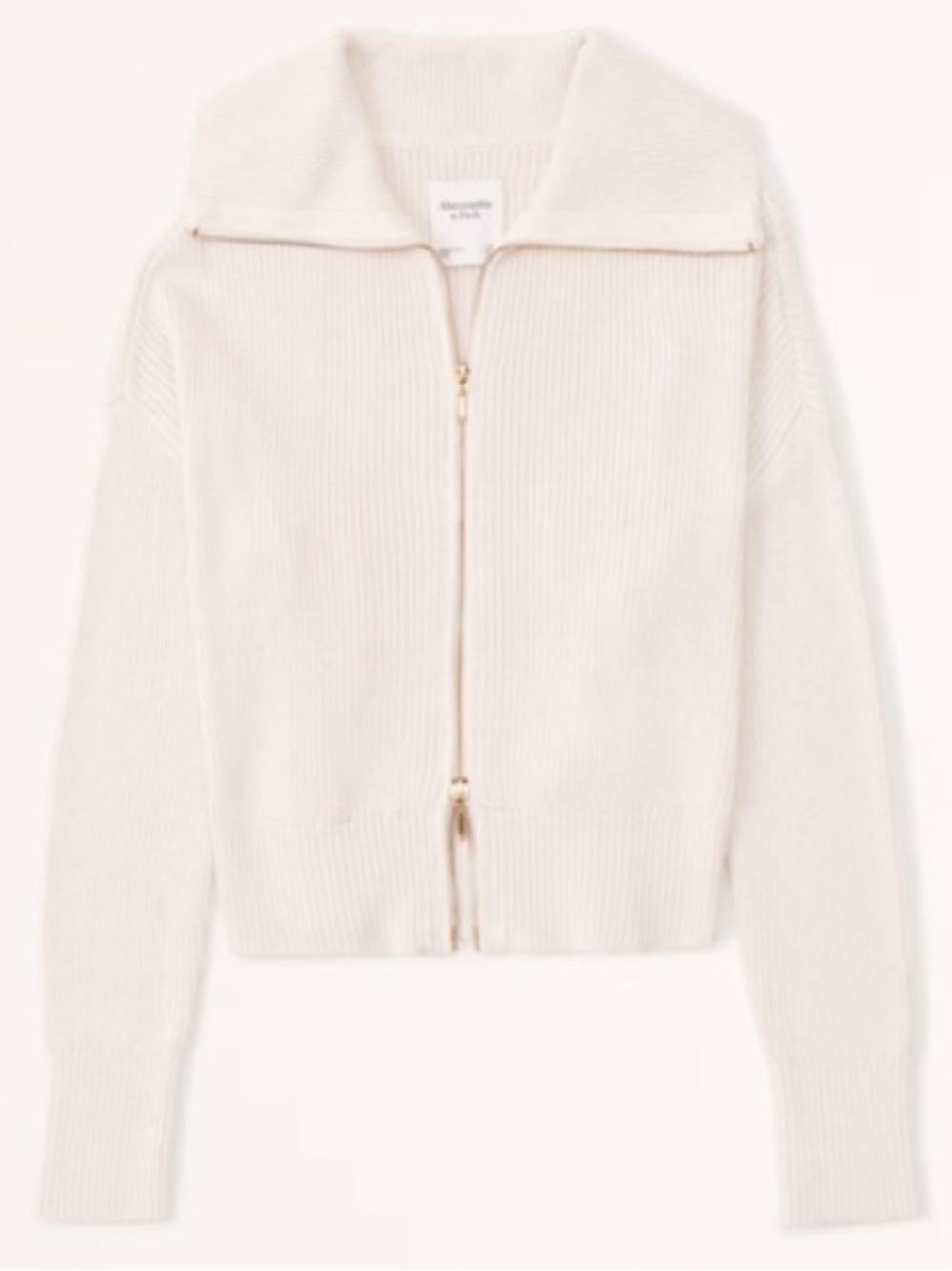 Abercrombie & Fitch Cream Double-Zip Ribbed Sweater Jacket